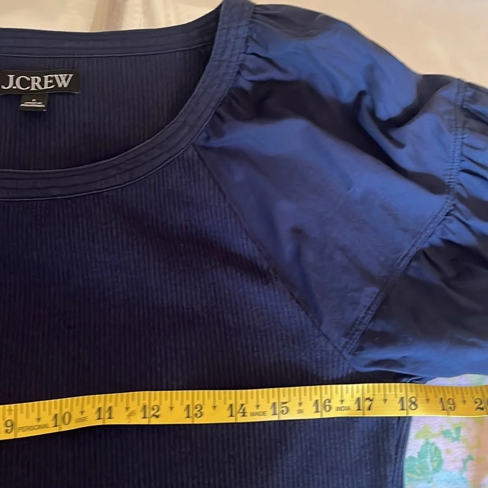 J.Crew | 2023 Vintage Rib Puff-Sleeve Top‎ Size Large Navy Blue BP085 Cotton